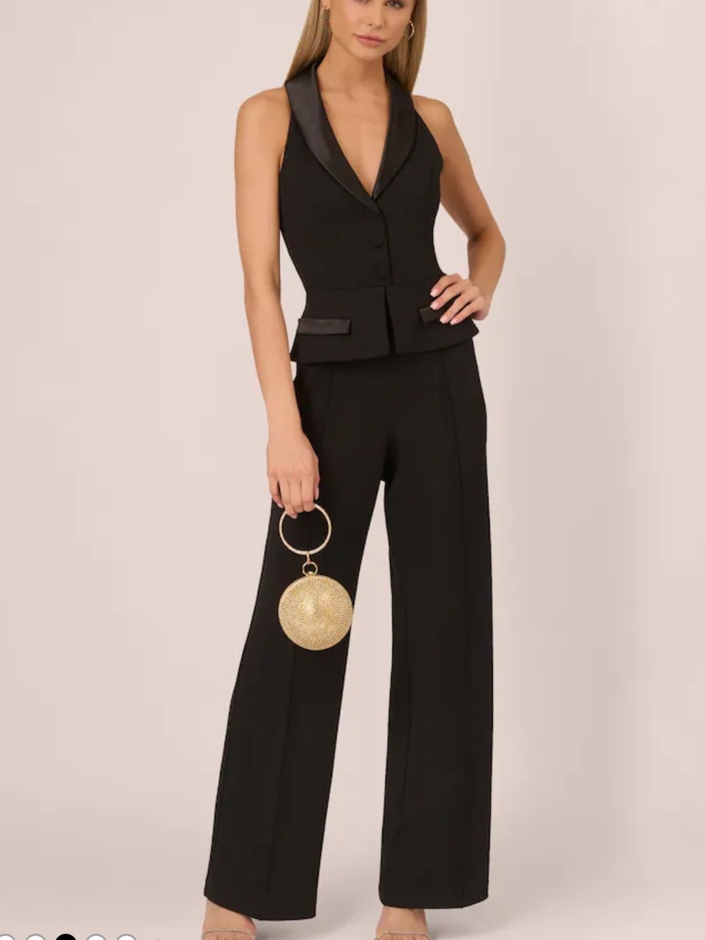 Adrianna Papell Black Sleeveless Wide-Leg Jumpsuit with Satin Trim